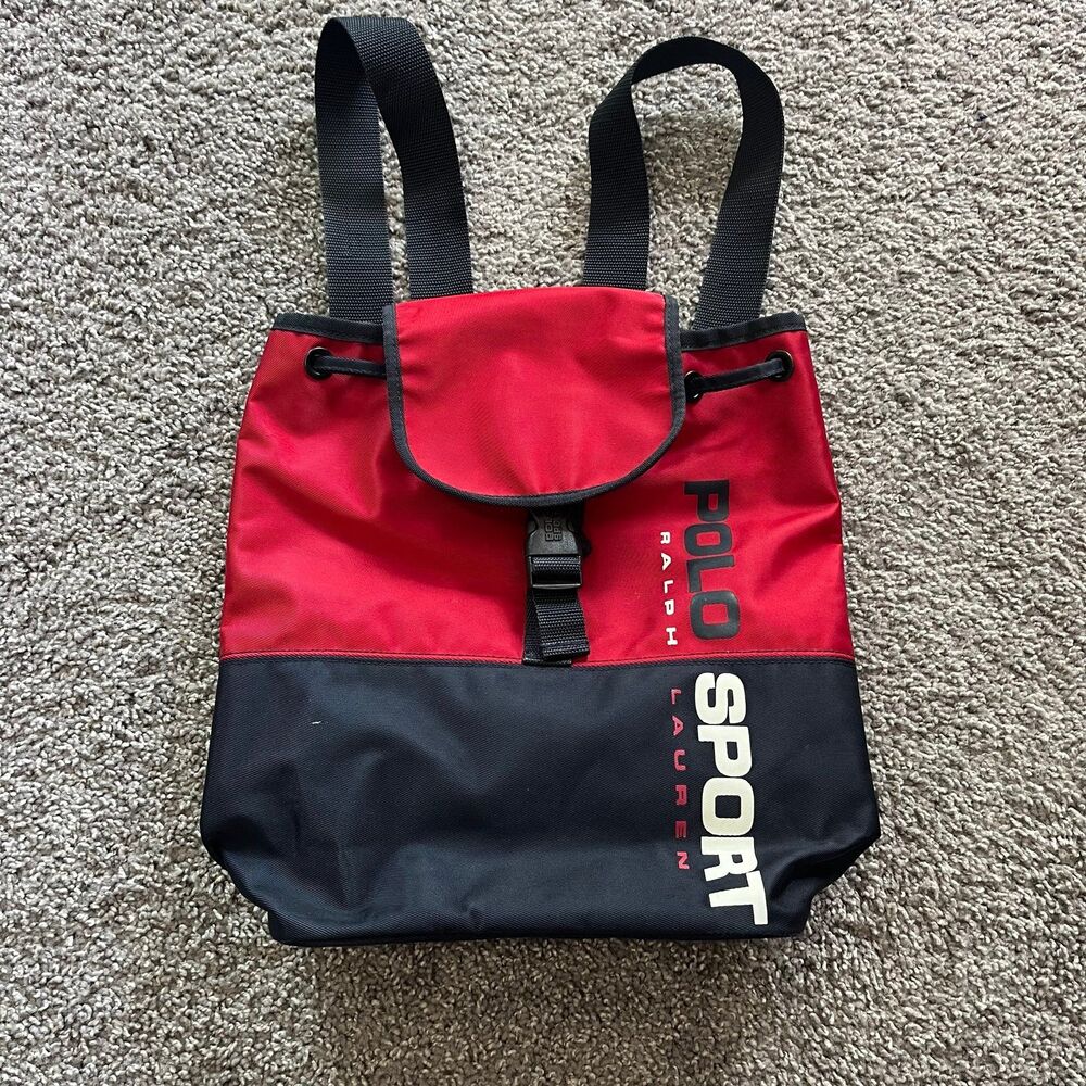 VTG 90s Polo Sport Ralph Lauren Spell Out Backpack Bucket Bag Red Navy Blue Logo